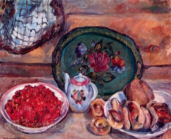 Aristarkh Lentulov - Stillleben mit einem Tablett und Erdbeeren - Still Life with a Tray and Strawberries - zum Schließen ins Bild klicken